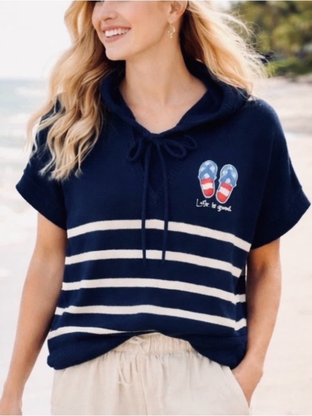 Life is Good Nautical Stripe Hooded Sweater Short Sleeve Navy & White Size S-L
